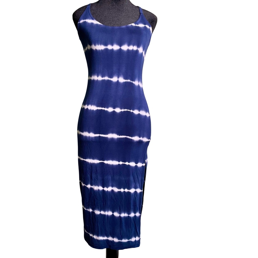 A+ Ellen Blue White Tie Dye Bodycon Midi Dress Side Slit Criss Cross Straps Sz S
